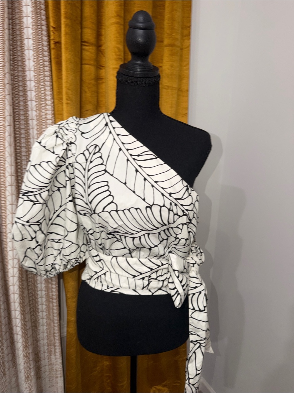 One-Shoulder Black & White Leaf Print Wrap Top